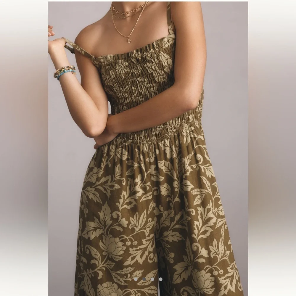 Anthropologie Pilcro Smocked Printed Linen Jumpsuit in Moss - Picture 4 of 9